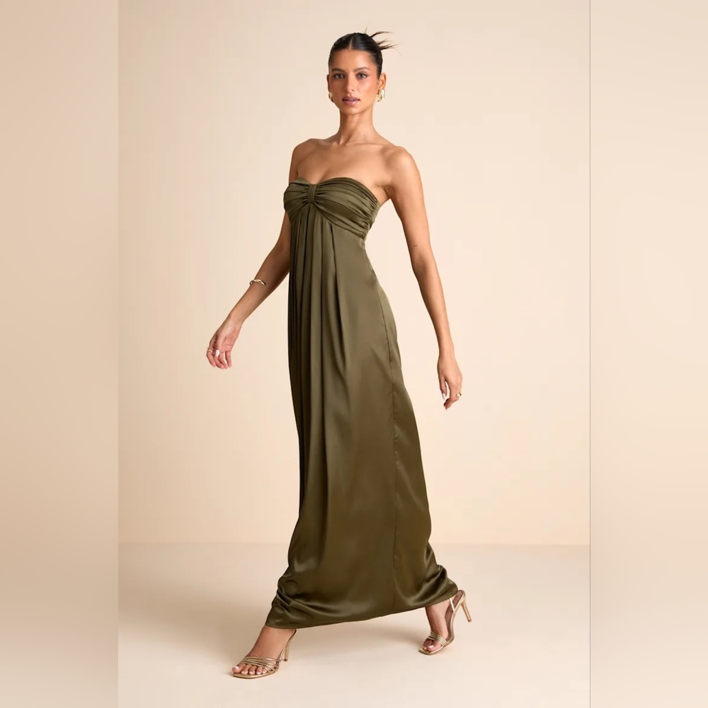 Lulus “Memorable Entrance” Olive Green Strapless Satin Maxi Dress NWT
